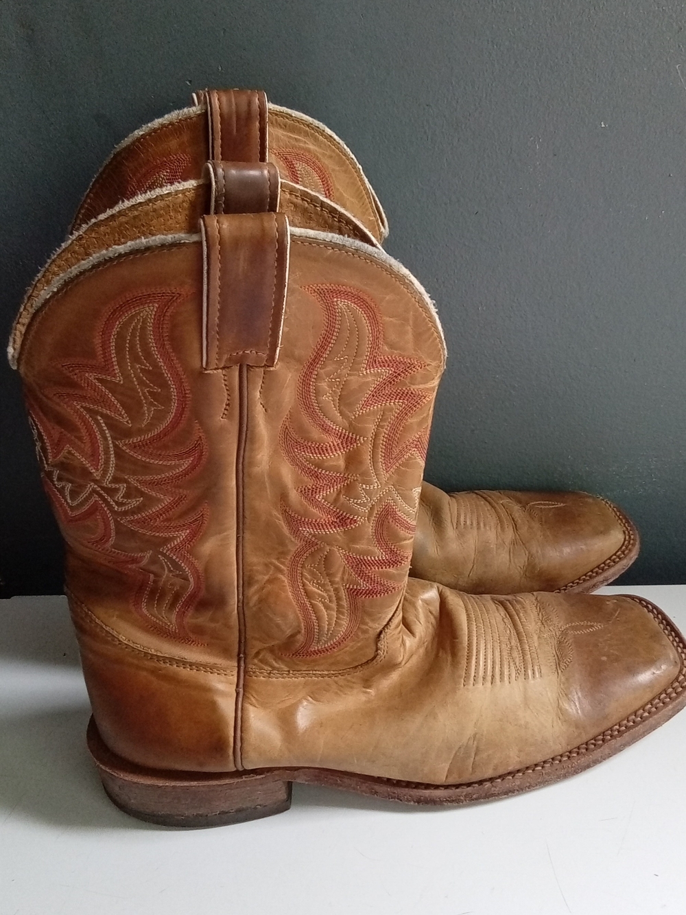 Tan Leather‎ Square Toe Western Cowboy Boots with Red Flame Embroidery Mens